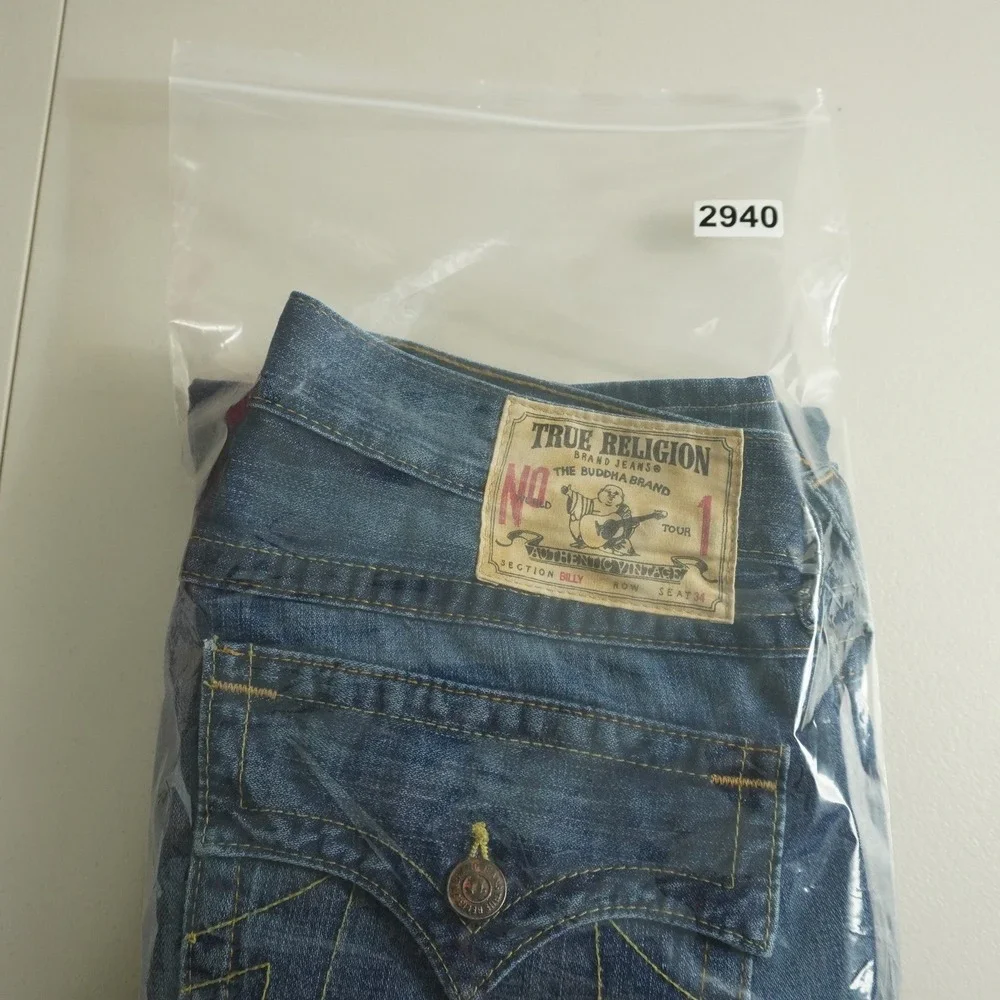 True Religion Billy Jeans Mens 34 Blue Distressed Ripped Straight Leg USA Made